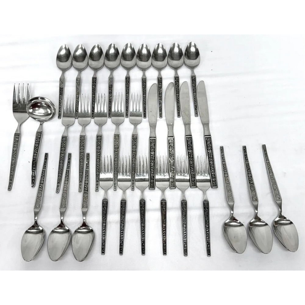 Lot of 32 pcs. Vtg Oxford MCM Stainless Flatware Set Rose Garden Japan